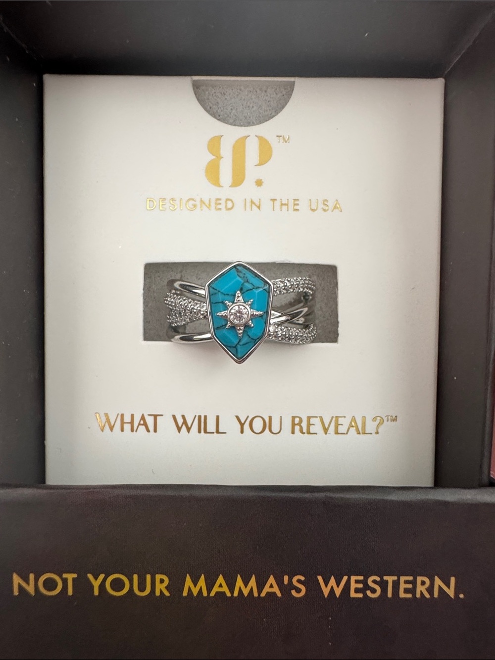 Bomb Party Turquoise and CZ Shield and Star Western Outlaw Ring Designed in USA
